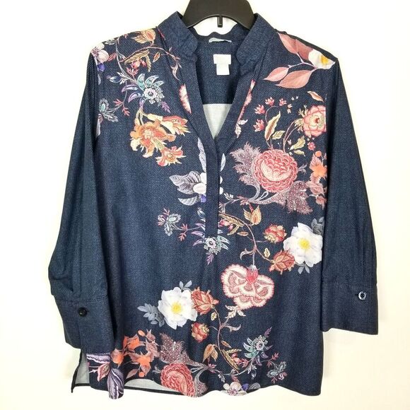 Chico's Tops - Chico's Women's No-Iron Stretch Flower Print Tunic Top Sz 18 Blue Casual‎ Office